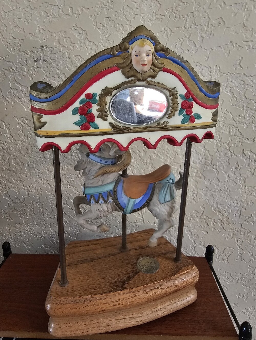 Fraley Hand-Painted Carousel Goat Figurine with Mirror Canopy Music Box